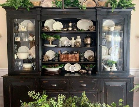 How to Style Shelves Decorate Top Of China Cabinet, Bakers Rack Decorating, Black China Cabinet, China Hutch Decor, Home With Garden, Style Shelves, Transitional Coastal, Red Dining Room, Dish Display