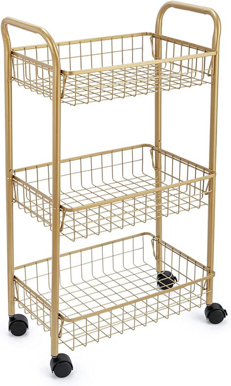 3 Tier Mesh Rolling Utility Cart, Gold Metal Organization Cart with Lockable Wheels, Multifunctional Storage Trolley Service Cart for Kitchen Living Room Office Salon Kitchen Utility Cart, Organization Cart, Rolling Utility Cart, Cart With Wheels, Rolling Storage Cart, Amazon Decor, Storage Trolley, Trolley Cart, Utility Cart