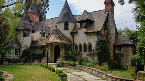 Storybook Style Homes - Annilee B Waterman Design Storybook Tudor Cottage, House Plans With Turret, Storybook Mansion, Whimsical House Exterior, Storybook Style Homes, Cottage In The Woods Fairytale, Small Castle House Plans, Storybook Tudor, Storybook Homes Plans