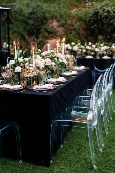 Black Tablecloth Wedding Centerpieces, Black Linen Wedding Table, Ghost Chairs Wedding Reception, Wedding Black Tablecloth, Black Table Linens Wedding, Ghost Chair Wedding, Black Tablecloth Wedding, Houdini Estate, Black Wedding Table