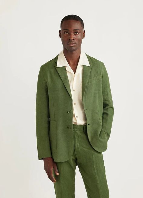 Linen Wedding Outfit For Men, Unconventional Mens Wedding Attire, Mens Big And Tall Suits, Men’s Formal Garden Party, Funky Mens Wedding Attire, Indie Suits Men, Mens Spring Formal Outfits, Green Wedding Outfit Men, Mens Colorful Wedding Attire