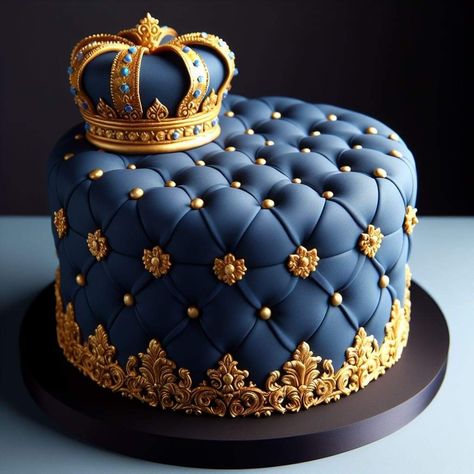 Happy Birthday King Cake, King Birthday Cake For Men, Luxury Cake For Men, Crown Cake Ideas, Royal Blue And Gold Cake, Tiffany Birthday Cake, Royal Blue Cake, Kings Cake, Happy Birthday King