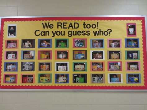 Guess the Teacher Behind the Book, Book Week competition. Students always seem to love these teacherish activities School Library Bulletin Boards, Reading Display, School Library Displays, Library Bulletin Board, Reading Bulletin Boards, Middle School Libraries, Family Literacy, Library Book Displays, Elementary School Library