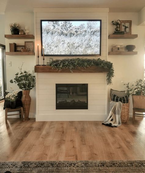 Shiplap Over Mantle, Cheap Diy Fireplace Ideas, Living Room Fireplace Mantel Decor, Shiplap Fireplace Bedroom, Long Fireplace Mantle Decor With Tv, Faux Fireplace Shiplap Wall, Living Room Paint Color Ideas With White Fireplace, Farmhouse Fireplace Mantels With Tv, Fireplace Ideas Short Ceiling