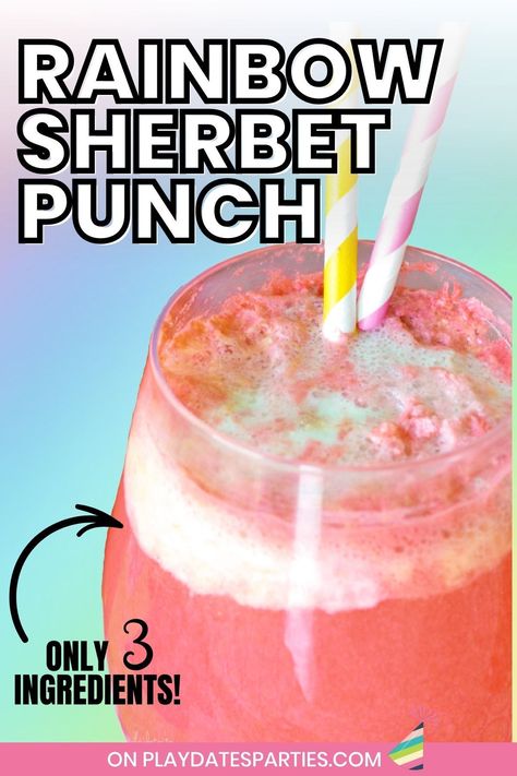 Rainbow Sherbet Punch is such an easy recipe to make! You only need 3 ingredients and 5 minutes to make a big batch of this colorful and delicious party punch. Make it with Sprite or Ginger Ale for the perfect non-alcoholic drink to serve at birthday parties, baby showers, bridal showers, Christmas, St. Patrick's Day or any time you want to add a little color and fun to your celebration. Sprinkle Punch Recipe, Fairy Fizz Punch Recipe, Birthday Party Punch Recipes Non Alcoholic, Non Alcohol Party Punch, 3 Ingredient Punch Non Alcoholic, Punch Recipes For Bridal Shower Non Alcoholic, Drinks For Parties Nonalcoholic, Sherbet Sprite Punch, Fruit Punch With Sherbert