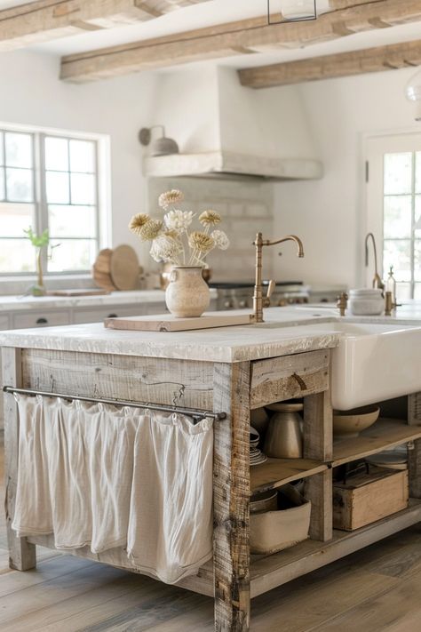 Add a touch of charm to your kitchen with farmhouse kitchen island ideas that blend rustic and vintage elements. 🌸✨ Kitchen Island With Wooden Top, Old Farmhouse Kitchen Island, Repurposed Island Kitchen, Rustic Country Farmhouse Kitchen, Working Island Kitchen, Kitchen Island Drawing, Farmhouse Island Table, Headboard Kitchen Island, Farmhouse Sink Kitchen Island