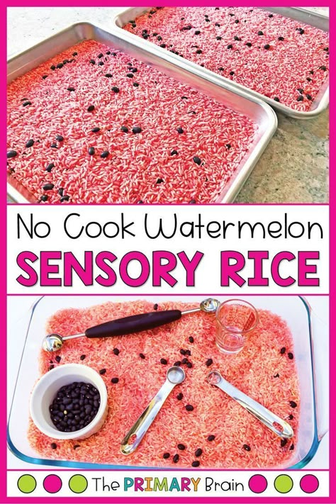 Themed Sensory Bins, Watermelon Activities, Homemade Sensory, Sensory Rice, Toddler Sensory Bins, Watermelon Crafts, Watermelon Day, Fruit Crafts, Toddler Curriculum