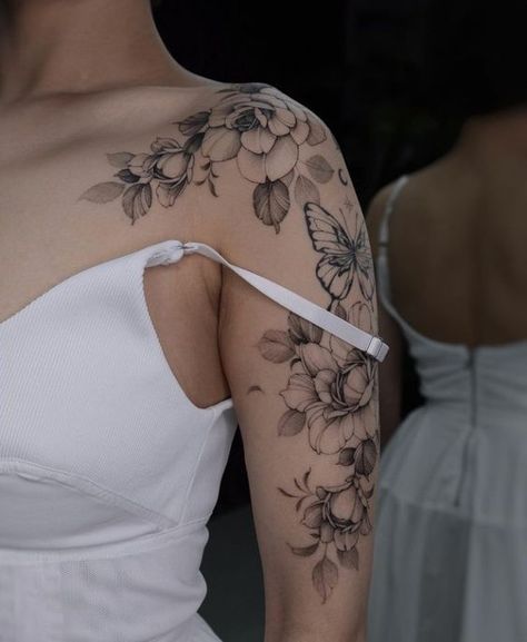 Front Shoulder Tattoo, Shoulder Piece Tattoo, Cute Shoulder Tattoos, Feminine Shoulder Tattoos, Front Shoulder Tattoos, Arm Tattoos Drawing, Shoulder Cap Tattoo, Shoulder Tattoo Ideas, Shoulder Tats