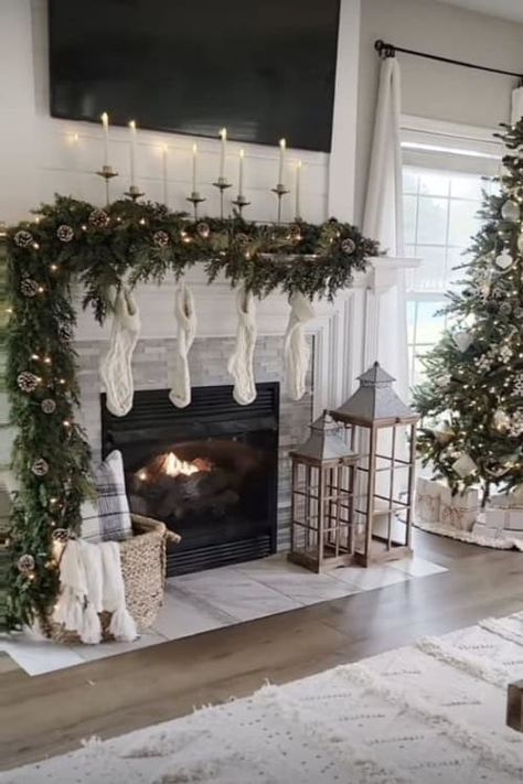 30 Creative & Simple Christmas Decor Ideas for Every Room in Your Home 2024 Christmas Mantel Decorations Simple, White Christmas Fireplace Decor, Christmas 2024 Trends Decoration Colors, Fireplace Mantel Decorating Ideas For Christmas, Simplistic Christmas Decor, Christmas Decor Ideas For Fireplace, Christmas Decor Ideas Fireplace, Fireplace Christmas Decor Ideas, Christmas Decorations Inside