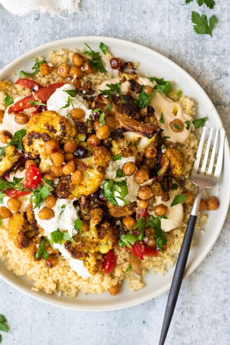 Chickpea Shawarma, Cauliflower Chickpea, Fluffy Quinoa, Sautéed Veggies, Shawarma Spices, Vegan Tzatziki, Homemade Tahini, Homemade Tzatziki, Healthier Meals