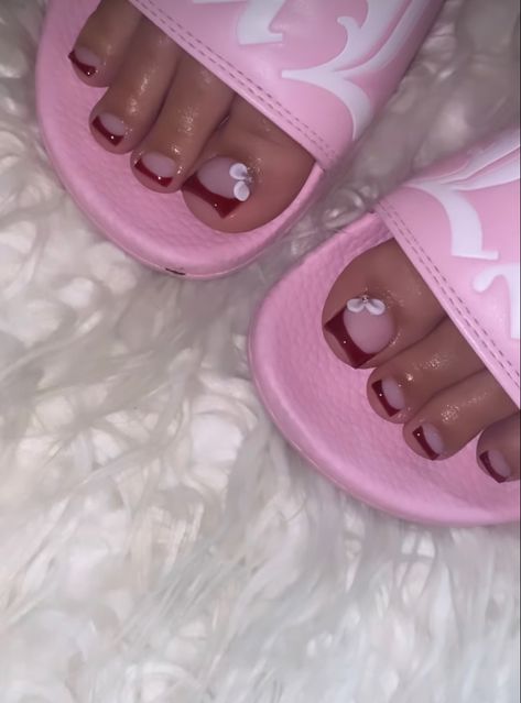 Burgundy French Tip Toes, Match Nails And Toes, Pink Chrome Toe Nails, Red French Pedicure, Red French Tip Nails Toes, Red Nails And Toes Matching, Red French Tip Toe Nails, Red Pedicure Toenails, Red Toenail Designs