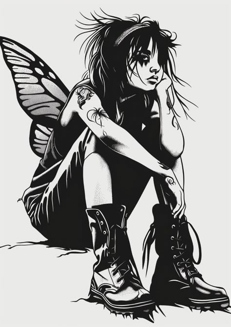 Goth Drawings Sketch, Woman With Butterfly Wings, Boots Tattoo, Woman With Butterfly, Drawing Sitting, Minimalistic Black And White, Emo Fairy, Tattoo Dark, Inspirational Digital Art