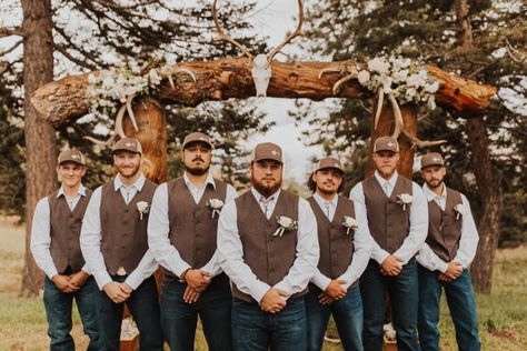 Rustic Groomsmen Attire Jeans Brown Vest, Mens Simple Wedding Attire, Wedding Vest For Men Rustic, Groomsmen In Jeans And Vests, Rustic Groomsmen Attire Jeans Country, Carhartt Wedding Attire, Groom In Jeans And Vest, Groom Jeans Wedding, Country Groomsmen Attire Jeans Boots