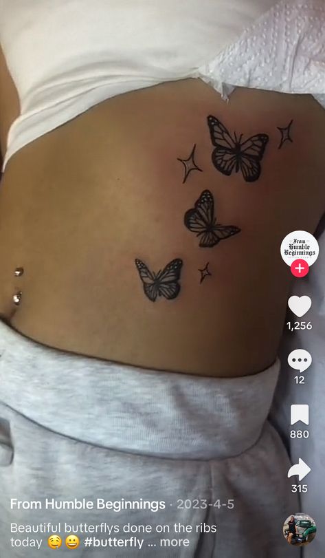 Belize Tattoo Ideas, Butterfly Tattoo Rib Cage, Rib Butterfly Tattoo, Ribcage Tattoo, Belly Tattoo, Pretty Tattoos For Women, Rib Tattoo, Tat Ideas, Pretty Tattoos