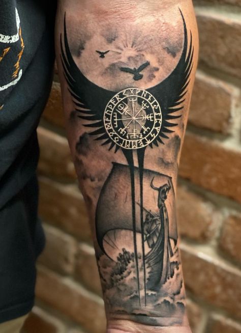 Viking Vegvisir Wings Idea Viking Gods Tattoo Sleeve, Viking Odin Tattoo, Beserkers Vikings Tattoo, Nordic Spine Tattoo, Viking Hammer Tattoo, Viking Leg Sleeve Tattoo, Viking Tattoos For Men Norse Mythology, Viking Leg Sleeve, Viking Forearm Tattoo Men