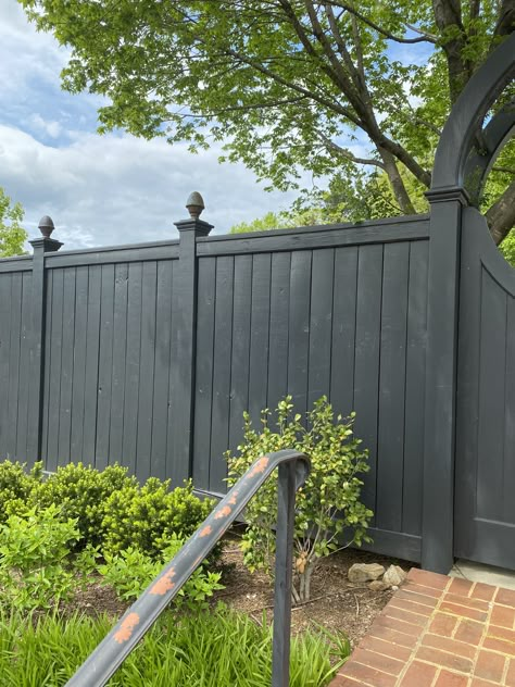 Traditional Fence Design, Black Stained Fence, Victorian Fence, Victorian Fencing, Black Fences, Fence Inspiration, Cottage Fence, Traditional Fence, Graves Into Gardens