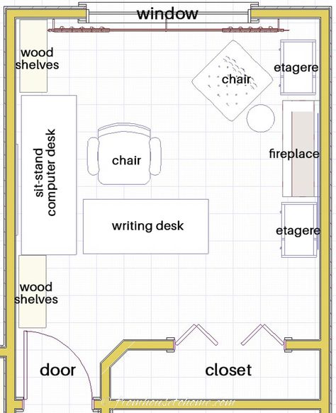 Two Screen Desk Home Office, Office Functional Layout, How To Arrange An Office, Functional Home Office Layout, Angled Desk Office Layout, Study Room Layout Floor Plans, Small Rectangle Office Layout Ideas, At Home Office Layout, 10 X 12 Office Layout