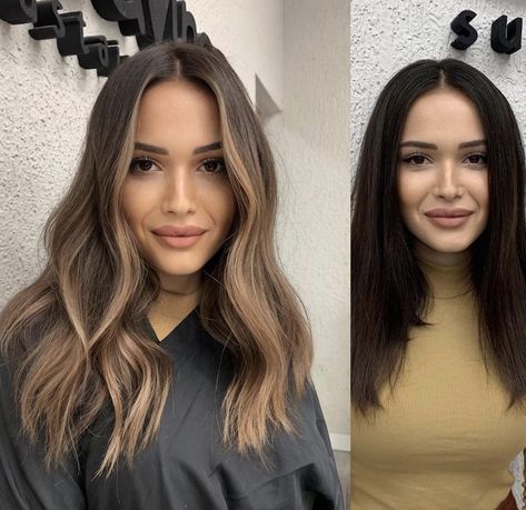 Honey Highlights On Dark Hair Straight, Dark Roots Caramel Hair, Black To Brown Hair Transformation, Half Balayage Vs Full Balayage, Caramel Balayage Asian Hair, Airtouch Hair Brown, Air Touch Hair Brown, Black Hair To Brown Before And After, Hair Contouring Brunette