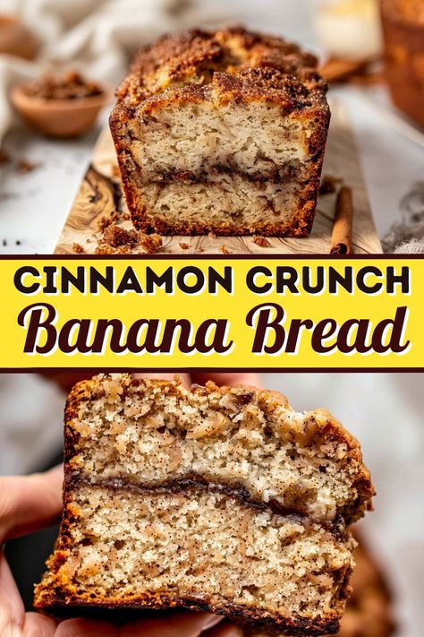 This easy cinnamon crunch banana bread combines ripe bananas, warm spices, and a sweet buttery crunch topping for the ultimate comforting treat! Banana Bread Recipe No Sour Cream, Best Of Bridge Banana Bread, Mini Banana Nut Bread Loaves, Ripe Banana Recipes Easy, Banana Baking Recipes, Banana Cinnamon Bread, Recipes With Ripe Bananas, Best Banana Bread Recipe Moist, Cinnamon Banana Bread Recipe