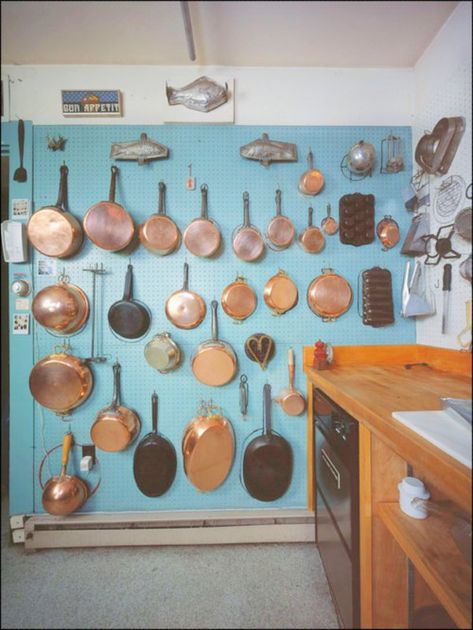 Small Kitchen Storage Solutions, Small Kitchen Solutions, Peg Board Walls, Julia Child Kitchen, Pegboard Kitchen, Julia Childs, Pan Storage, Pantry Wall, Small Kitchen Storage