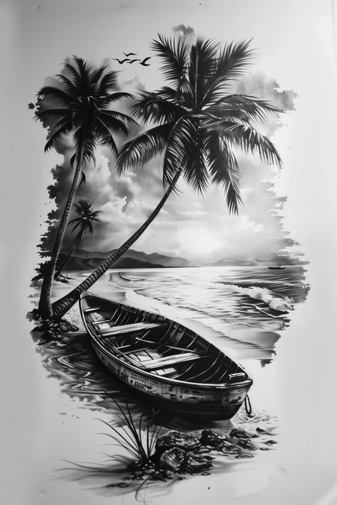 tattoo design, beach scene with boat and palm trees, sunset in distance, photograph, black and white, photorealistic --v 6 Palm Tree And Ocean Tattoo, Palm Beach Tattoo Design, Palm Tree Tattoo Design Drawing, Island Theme Tattoo, Palms Tattoo Ideas, Forest Tattoo Stencil Outline, Palm Tree Beach Tattoo Design, Beach Sunset Tattoo Design, Realistic Beach Tattoo