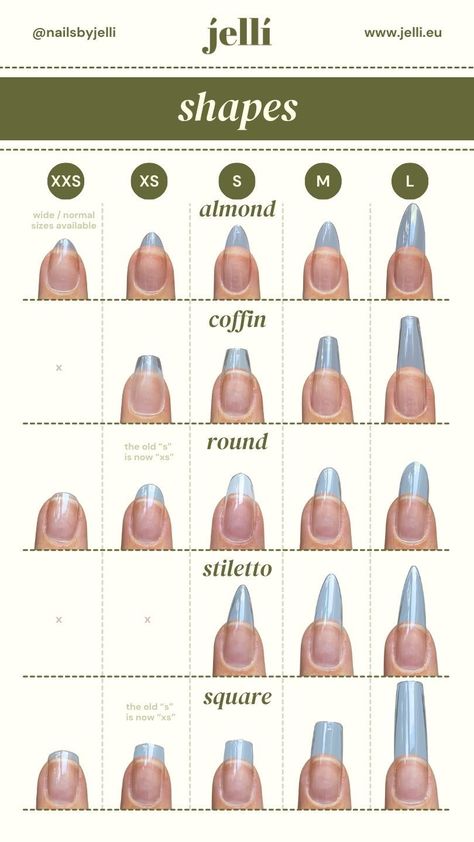 Nails shape Nail Extensions Shapes, Gel Nails Shape, Nail Shape Chart, Soft Gel Tips, Shape Chart, Nail Courses, Acrylic Nail Shapes, Soft Gel Nails, Nail Techniques