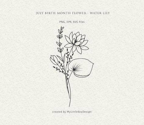 Waterlilly Tattoo, July Birth Flower Tattoo, July Birth Month, Birth Month Flower Svg, Birth Flower Svg, Larkspur Tattoo, July Flower, Water Lily Tattoos, Lillies Tattoo