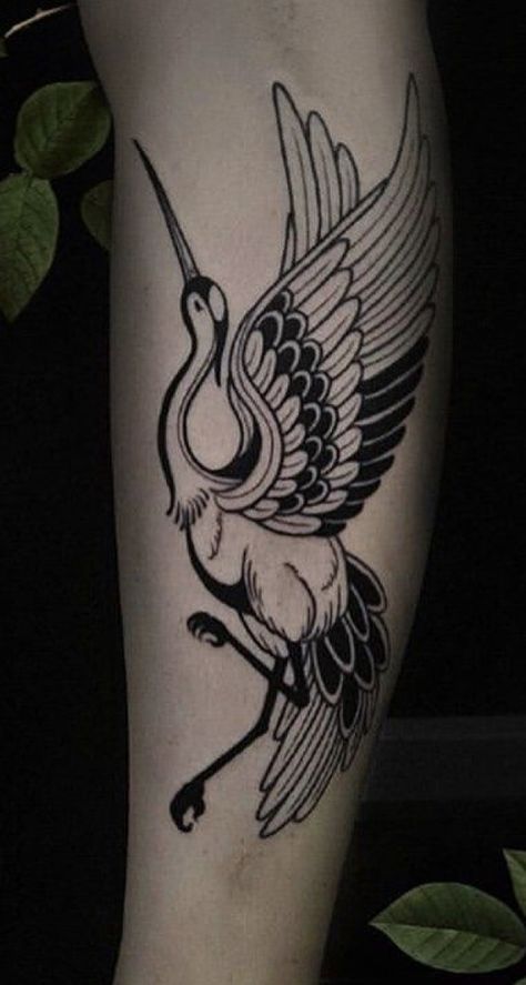 Crane Wings Tattoo, 2 Cranes Tattoo, Crane Tattoo Leg, Japanese Heron Tattoo, Heron Tattoo Traditional, Traditional Crane Tattoo, Tricep Tattoo Ideas, Crane Tattoo Design, Omamori Tattoo