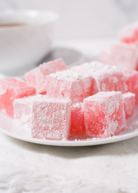 Rosewater Turkish Delight | Redpath Sugar Rose Turkish Delight Recipe, Rose Turkish Delight, Turkish Delight Recipe, Turkish Drinks, Turkish Delights, Pink Food Coloring, Turkish Delight, Red Food, Turkish Recipes