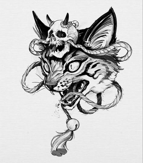 Cool Tattoos Sketches, Scary Animal Tattoo, Two Headed Cat Tattoo, Cat Skull Drawing, Cat Skull Tattoo, Petit Tattoo, Creepy Tattoos, Cat Tattoo Designs, Cat Skull