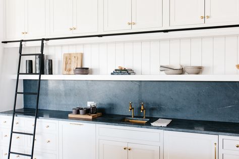 design |    @gatherprojects     staging |    @lexigracedesign Blue Countertops, Metal Interior Design, Soapstone Kitchen, Kitchen Color Trends, Best Kitchen Colors, Soapstone Countertops, Marble Kitchen, Kitchen Design Trends, White Cabinetry