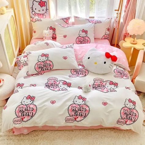 Buy Sanrio Hello Kitty Bedding Set Cute Cotton Four Piece Double Queen Size Bed Linens Pillowcase Girl Dorm Bedclothes Home Textile at Walmart.com Hello Kitty Bedding, King Quilt Bedding, Hello Kitty Bed, Girl Dorms, Queen Size Bed, Bed Linens, Quilted Bedspreads, King Quilt, Linen Pillow Cases