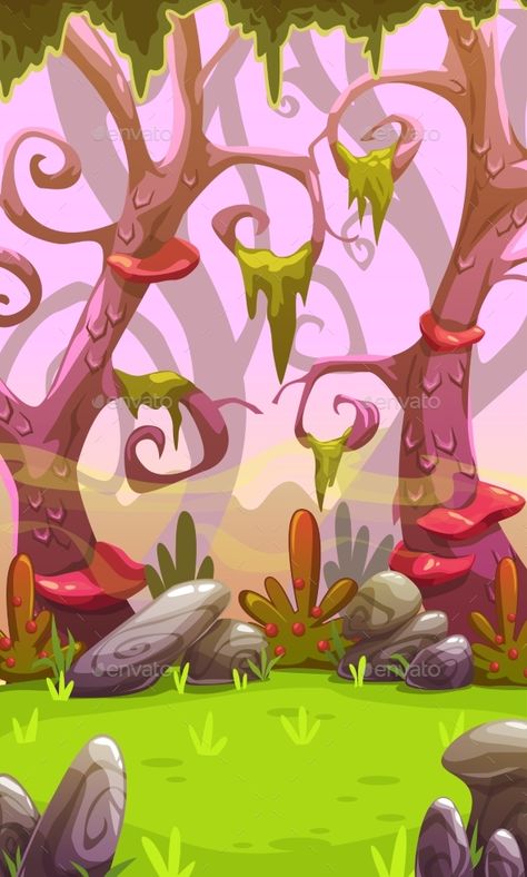 Fantasy Cartoon Forest Landscape. by Lilu330 Fantasy cartoon forest landscape. Vertical nature background for mobile phone screen. Cool colorful outdoor illustration. Level lo Fantasy Background Forests, Cartoon Nature Background, Forest Background Illustration, Vertical Illustration, Background For Mobile, Outdoor Illustration, Games Background, Cartoon Forest, Illustration Forest