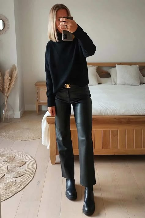 Wide Leg Leather Pants Outfit Casual, Casual Theatre Outfit, Wide Leg Cropped Leather Pants Outfit, Saturday Market Outfit, Black Leather Pants Outfit Work, Black Flares Outfit Winter, Black Pants Dinner Outfit, Velvet Black Pants Outfit, Office Outfits Women Black Pants