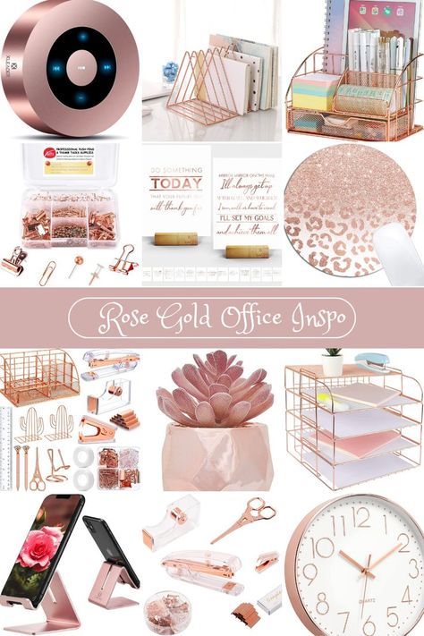 Black White And Rose Gold Office, Cute Boho Office Ideas, Pink Work Office Decor, Rose Gold Cubicle Decor Office, Pink Gold Office Decor, Rose Gold And Green Office, Rose Gold Office Supplies, Rose Gold Cubicle Decor, Dusty Rose Office Decor