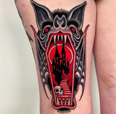 New School Tattoo Halloween, Trad Ghost Tattoo, Traditional Ghost Tattoo, Traditional Horror Tattoo, Nosferatu Tattoo, Dark Traditional Tattoo, Ojo Tattoo, Dracula Tattoo, Nerd Tattoos