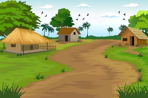 Indian Village Illustration, Village Vector, Village Scene Drawing, Village Background, Free Cartoon Characters, Village Drawing, Cartoon Garden, 2d Character Animation, House Cartoon