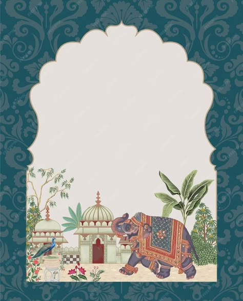 Premium Vector | Traditional mughal garden arch palace with elephant and peacock illustration frame for invitation Invite Background, Hindu Wallpaper, Peacock Illustration, Mughal Garden, Arch Illustration, Wedding Illustration Card, Hindu Wedding Invitation Cards, Wedding Card Design Indian, Hall Wallpaper