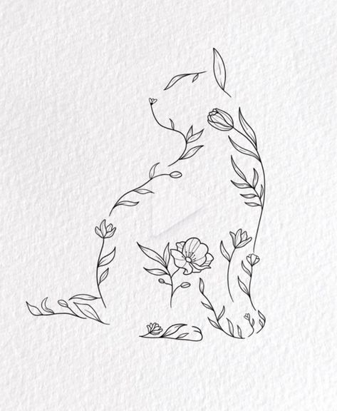 Tattoos For Pet Lovers, Dog Outline Tattoo With Flowers, Busy Mind Tattoo, Cat Tattoo Ideas Memorial, Linework Tattoo Design Simple, Three Cats Tattoo, Tattoo Ideas Line, Floral Cat Tattoo, Tattoo Designs Hand