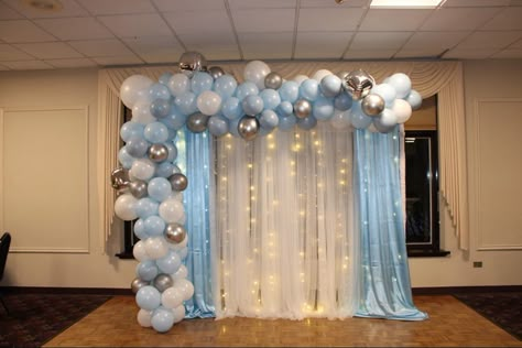 Light Blue Balloon Decorations, Blue White And Silver Decorations, Blue And White Bday Decor, Blue Color Birthday Decoration, Simple Blue Theme Birthday Party Decorations, Sky Blue Party Decorations, Light Blue And Gold Decorations Party, Light Blue Silver And White Party Decorations, Blue And White Theme Birthday Decoration