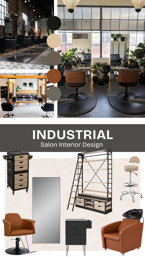 Salon styling chairs with a wooden, outer shell and black leather inside stand in front of cherry wood styling chairs. Boho Industrial Salon Decor, Industrial Salon Suite, Industrial Salon Design, Industrial Salon Decor, Rustic Salon Decor, Exposed Ductwork, Rustic Salon, Masculine Aesthetic, Minerva Beauty