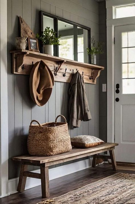 Bench For Small Entryway, Front Entryway Bench And Hooks, Entry Home Decor Ideas, Entry Coat Hook Ideas, Mud Room Table, Hooks At Entryway, Hallway Ideas For Coats And Shoes, Wall Hook Decor Ideas, Entryway Wall Hooks And Bench