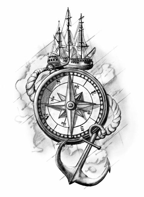 large-ship-compass-tattoos-for-men-black-white-drawing-map-of-the-world Anker Tattoo Design, Drawing Roses, Compass Drawing, Compass Rose Tattoo, Anchor Tattoo Design, Pirate Tattoo, Polynesian Tattoos, Compass Tattoo Design, Clock Tattoo Design