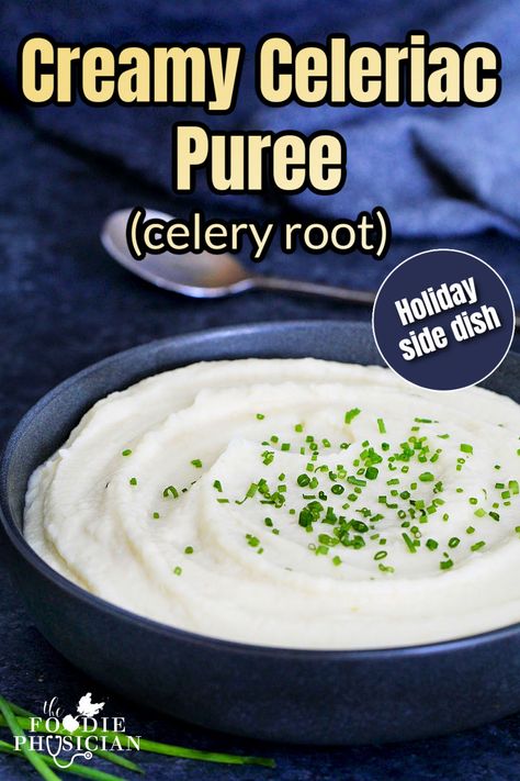 This creamy celeriac (celery root) puree is a delicious and healthy side dish that's a lower-carb alternative to classic mashed potatoes. It's the perfect side dish to elevate any meal and is an excellent addition to your holiday table. Mashed Celery Root Recipe, Celery Root Puree, Classic Mashed Potatoes, Vegetarian Side Dish, Peppermint Cocoa, Awesome Appetizers, Healthy Appetizer, Celery Root, Vegetarian Side Dishes