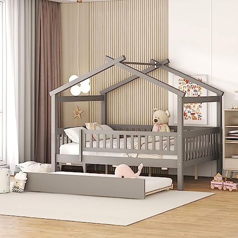 House Bed with Trundle and Fence, Full Size Montessori Style Beds with Railings, Wooden Playhouse Bed Frame for Kids Girls Boys, Gray Playroom Montessori, Rocking Bed, Kindergarten Montessori, Trundle Bed With Storage, Montessori House, House Beds For Kids, Wooden Daybed, House Frame Bed, Beds For Kids