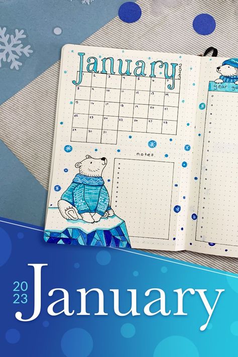 Winter Polar Bear January Bullet Journal Theme 2023 ❄️🐻‍❄️ Watch this creation on my YouTube channel! #bulletjournal #january2023 #planwithme January Bullet Journal Theme, 2023 Bullet Journal, Polar Bear Theme, Bullet Journal Month, January Bullet Journal, Bullet Journal Setup, Bullet Journel, Bullet Journal Ideas Templates, Bullet Journal Paper