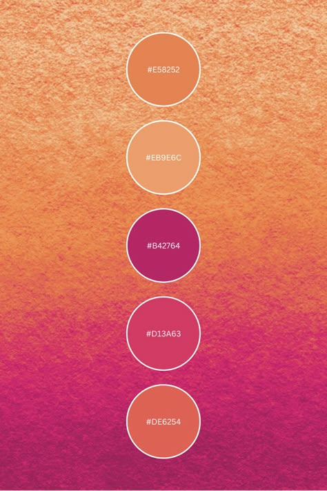 Use this beautiful color palette/color combo for inspiration on your next project! 🖤 #color #colorpallete #colorpaletteinspiration #bright #colorcombos Coral Yellow Color Palette, Pink Orange Gold Color Palette, Color Pallets With Orange, Dark Pink Colour Palette, Fall Sunset Color Palette, Pink Orange Colour Palette, Orange Pink Color Palette, Peachy Color Palette, Orange And Pink Color Palette