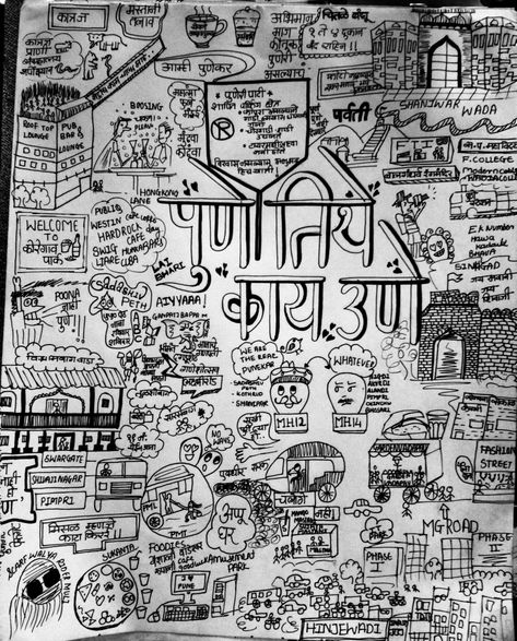 Doodle is about PUNE Pune Doodle Art, Pune City Illustration, Pune Doodle, Pune Illustrations, Hindi Doodles, Indian Doodle Art, Pune Wallpaper, Cognitive Mapping, Aamchi Mumbai