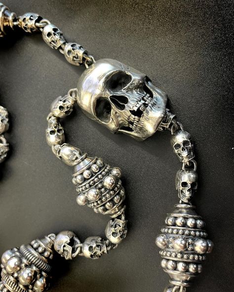 beautiful & massive silver skull rosary by Mortis Ores Jewelery 1 pound of badassery 👊🏻😎👊🏻 available only and exclusively in our Webshop www.MortisOres.com 🤘🏻💀🤘🏻💀🤘🏻💀🤘🏻💀🤘🏻💀🤘🏻 #skull #skulls #skulllover #skullart #skullartwork #925silver #rosary #rosarybeads #necklace #bikerjewelry #biker #bikerstyle #silverchain #jewlerydesigner #silversmith #jewleryoftheday #badass #rockstyle #mementomori #silvernecklace #beaded #instajewellery #mensjewelry #mensfashion #rosary #gothicstyle #gothic #crosspen... Skull Rosary, Sigil Tattoo, Gothic Elegance, Mens Cross Necklace, Motorcycle Apparel, Biker Jewelry, Skull Lover, Skull Artwork, Rosary Necklace