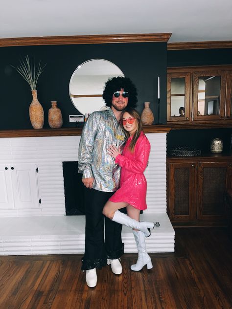 Couples disco theme outfits🪩🪩 Couples Disco Outfits, Disco Couple Outfit, Disco Couples Costume, 70s Halloween Costume Couples, Disco Couple Costume, 70s Disco Party Outfit Costume Ideas, 70s Couple Costume, 80s Party Outfits Couples, 80s Disco Party Outfit